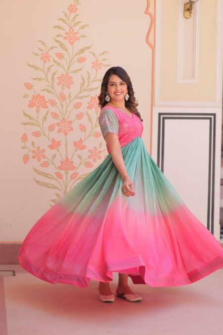 Women's Dual-Tone Ombre Gown in Candy Pink & Aqua Green with Embroidered Bodice – Festive & Contemporary Wear